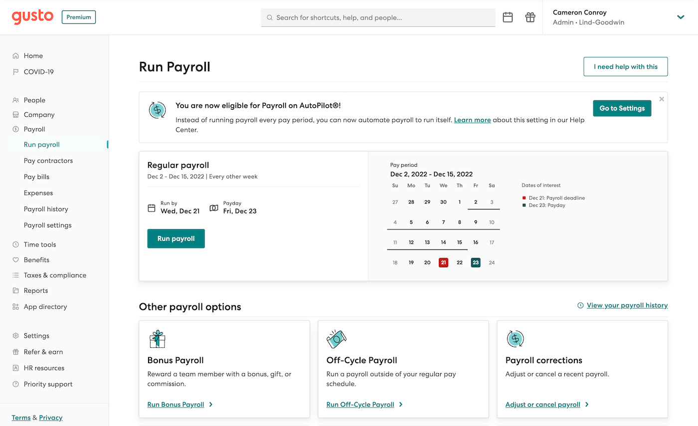 Screenshot of Gusto platform.