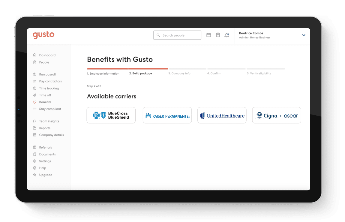 The Gusto platform displays the different insurance carriers users can build their custom benefits package with, including Blue Cross Blue Shield and United Healthcare.