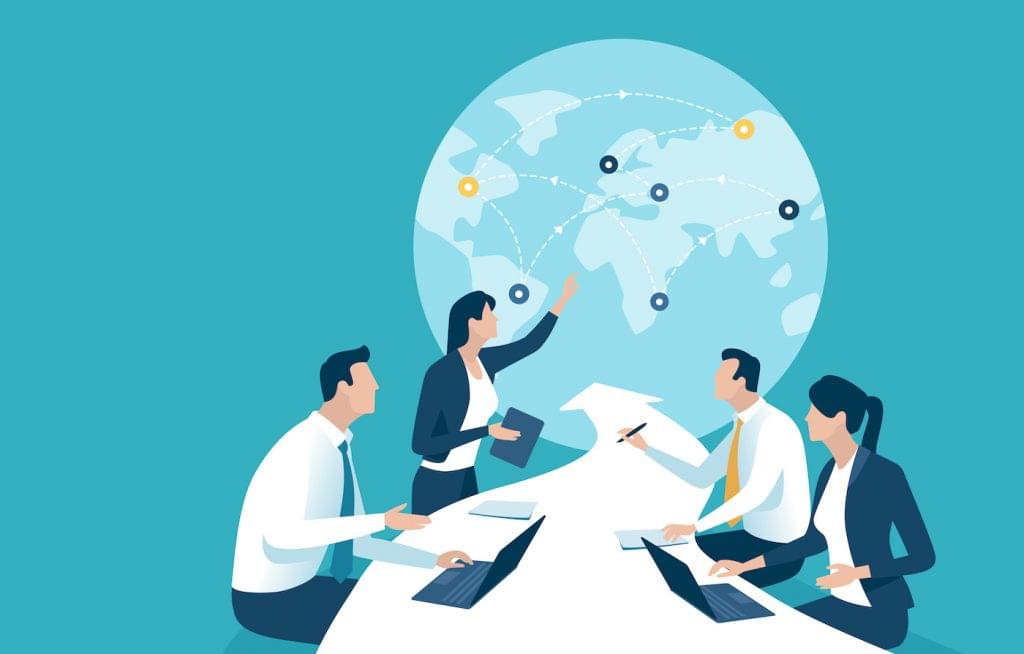 Illustration of business leaders making international business decisions. Represents the process of learning how to do international payroll.