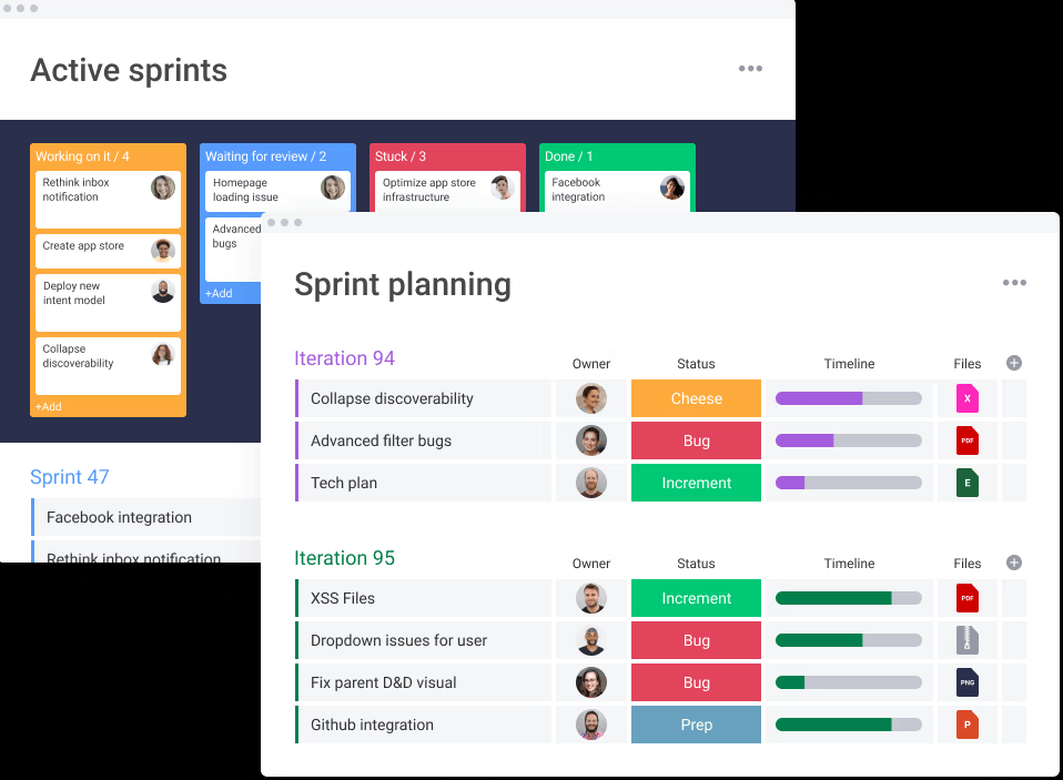 Screenshot of a monday.com’s Agile Board displaying active sprints, sprint planning, and various tasks with their respective owners and timelines.