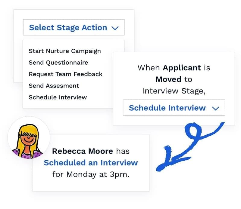 Breezy HR enables partial automation of the candidate pipeline like setting up an interview once a candidate enters the interview stage.