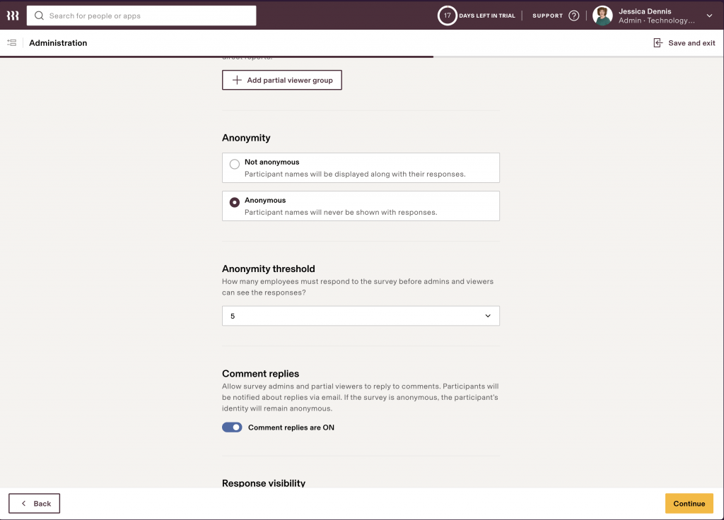 The Rippling platform shows a list of survey setting controls, including the ability to turn on anonymous surveys and set anonymity thresholds.