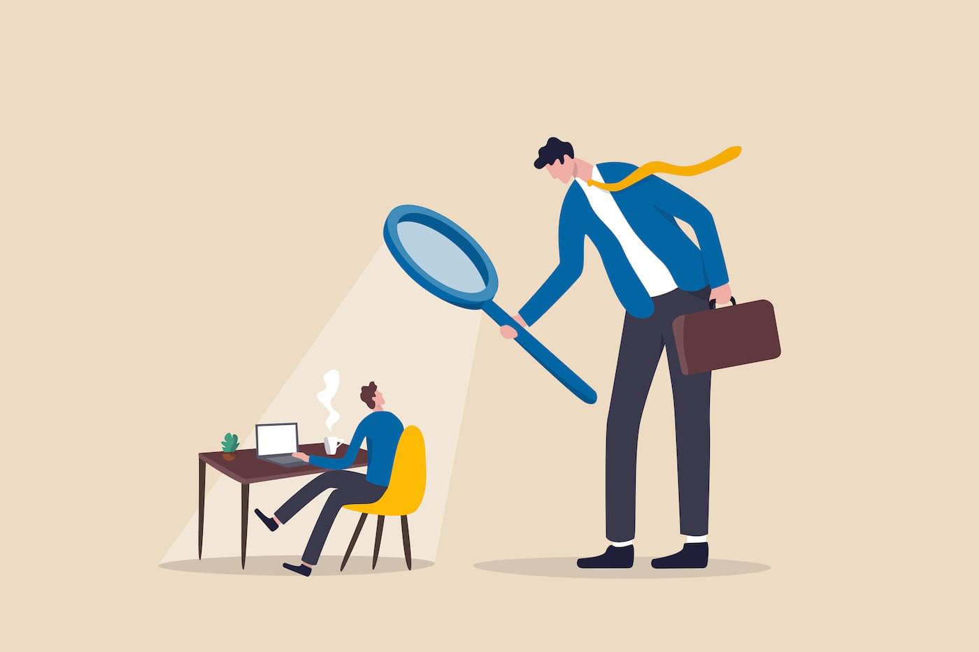 Illustration depicting an employee put under a magnifying glass. Represents employee monitoring.
