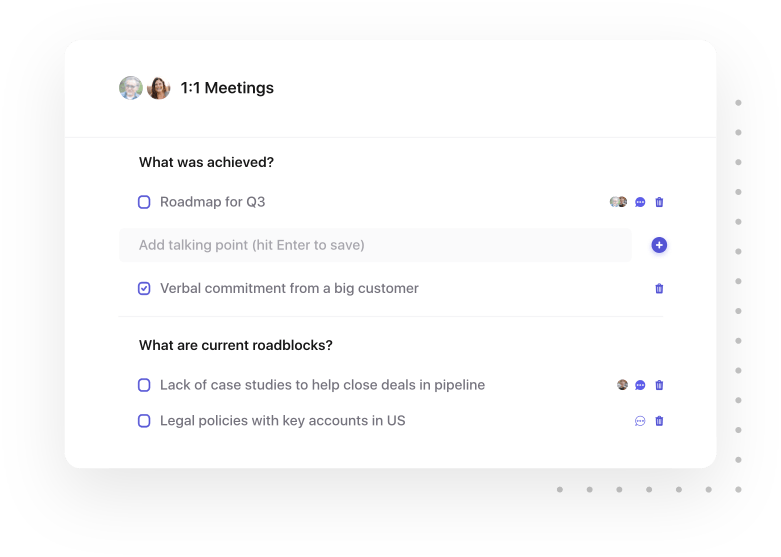The Leapsome platform shows a one-on-one meeting template that includes the questions "what was achieved" and "what are current roadblocks" for meeting participants to answer.
