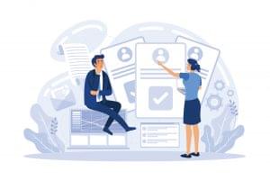 Illustration of HR professionals reviewing HR software.