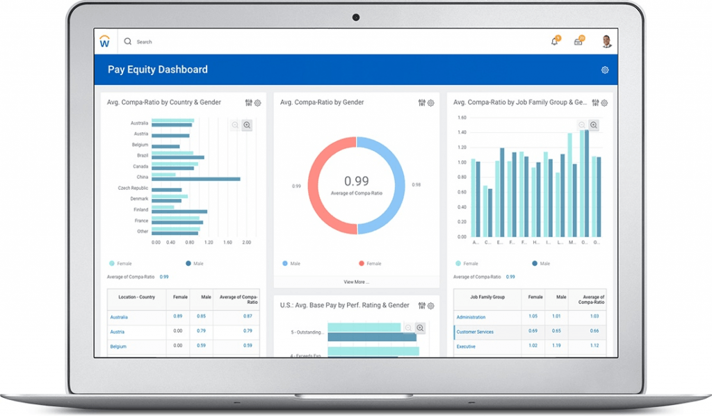 The Workday platform shows the pay equity dashboard with bar and circle graphs visualizing analytics like average compensation data by gender.