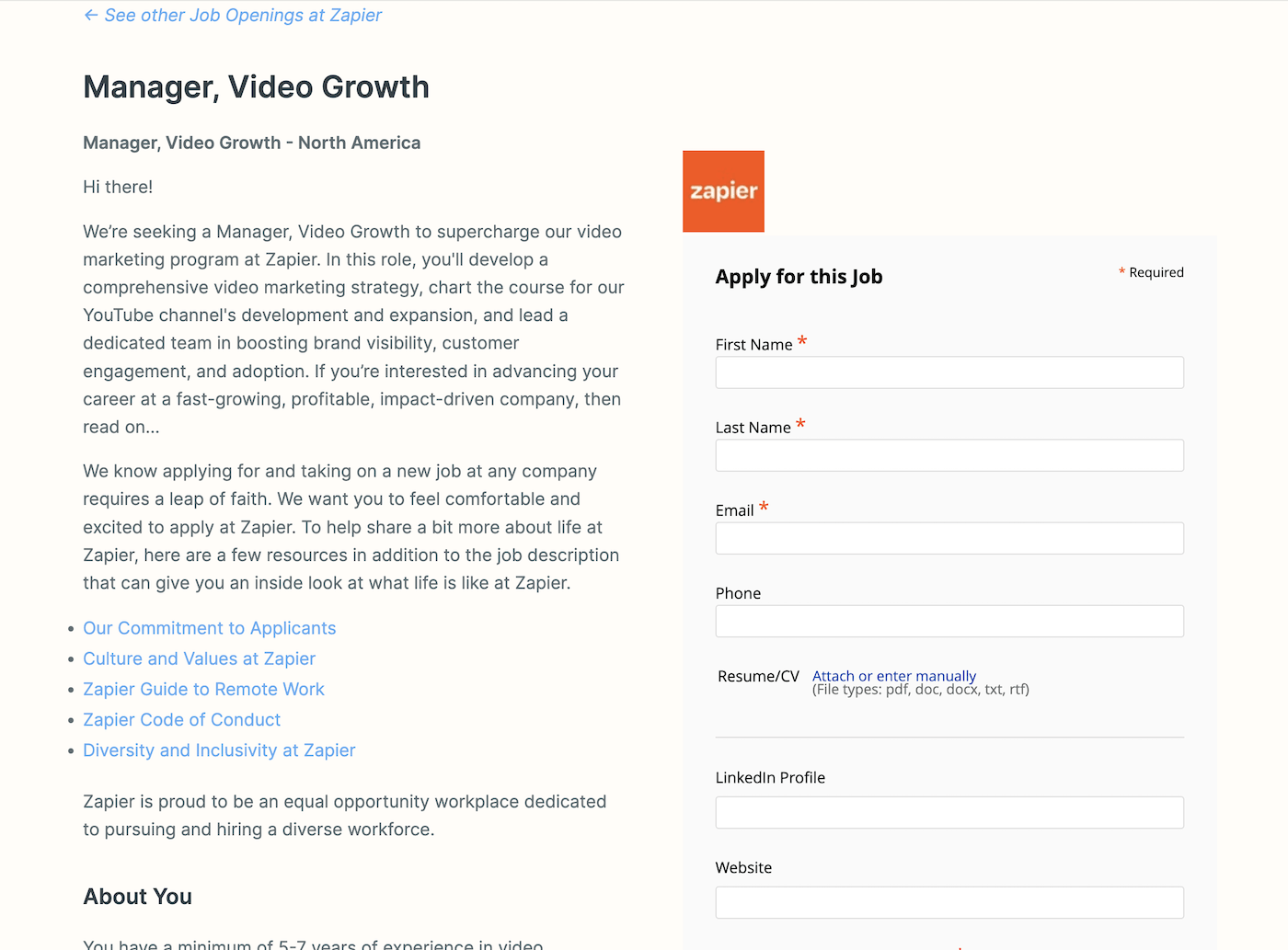 Zapier's job listing for a video manager role includes links to various workplace values pages.