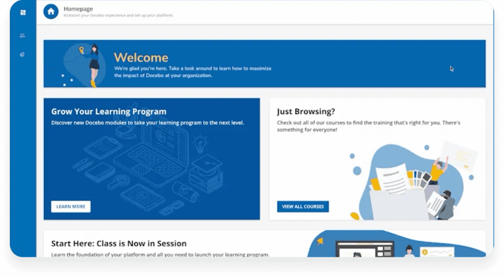 Docebo's homepage contains widgets for employees to follow a pre-configured learning program or browse on-demand courses.