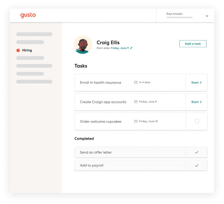 Gusto's automated onboarding checklist for new employees