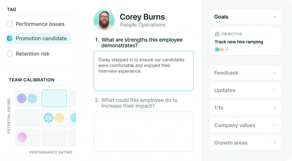 Lattice displays a performance review template with questions about an employee's strengths, growth opportunities, and tags for performance issues, promotion candidacy, and retention risk.