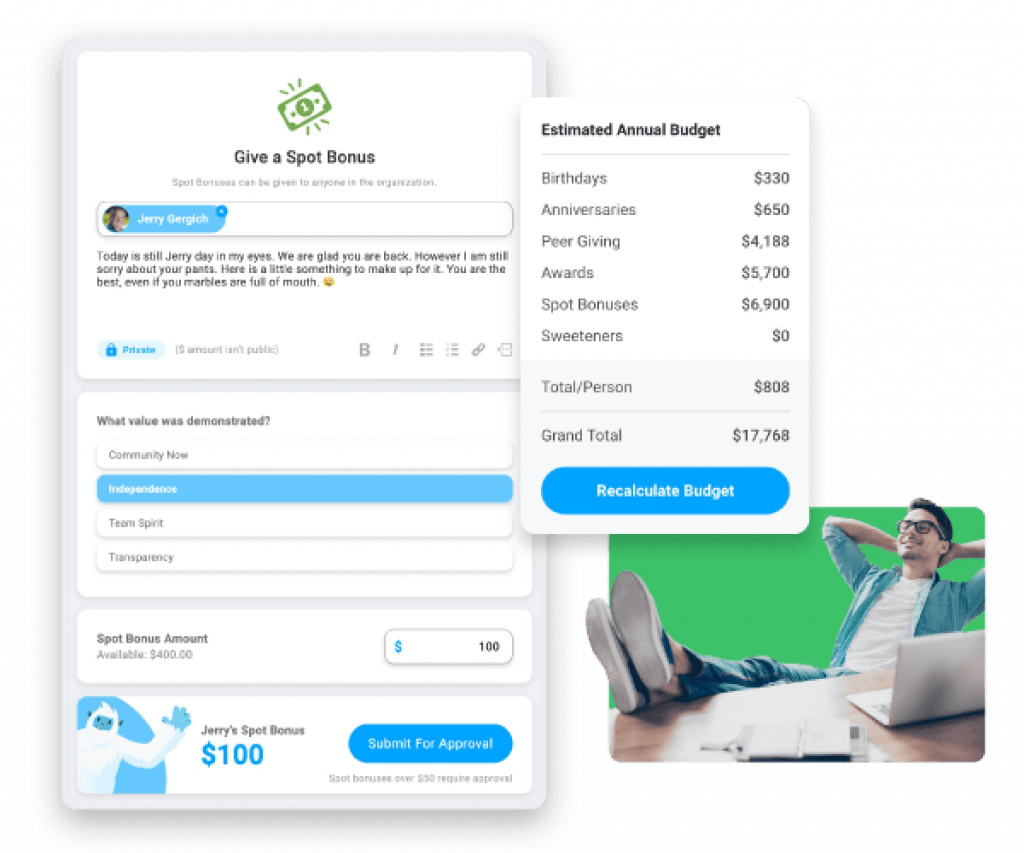 Motivosity displays information about an employee's spot bonus next to a window that breaks down the company's annual employee rewards budget.