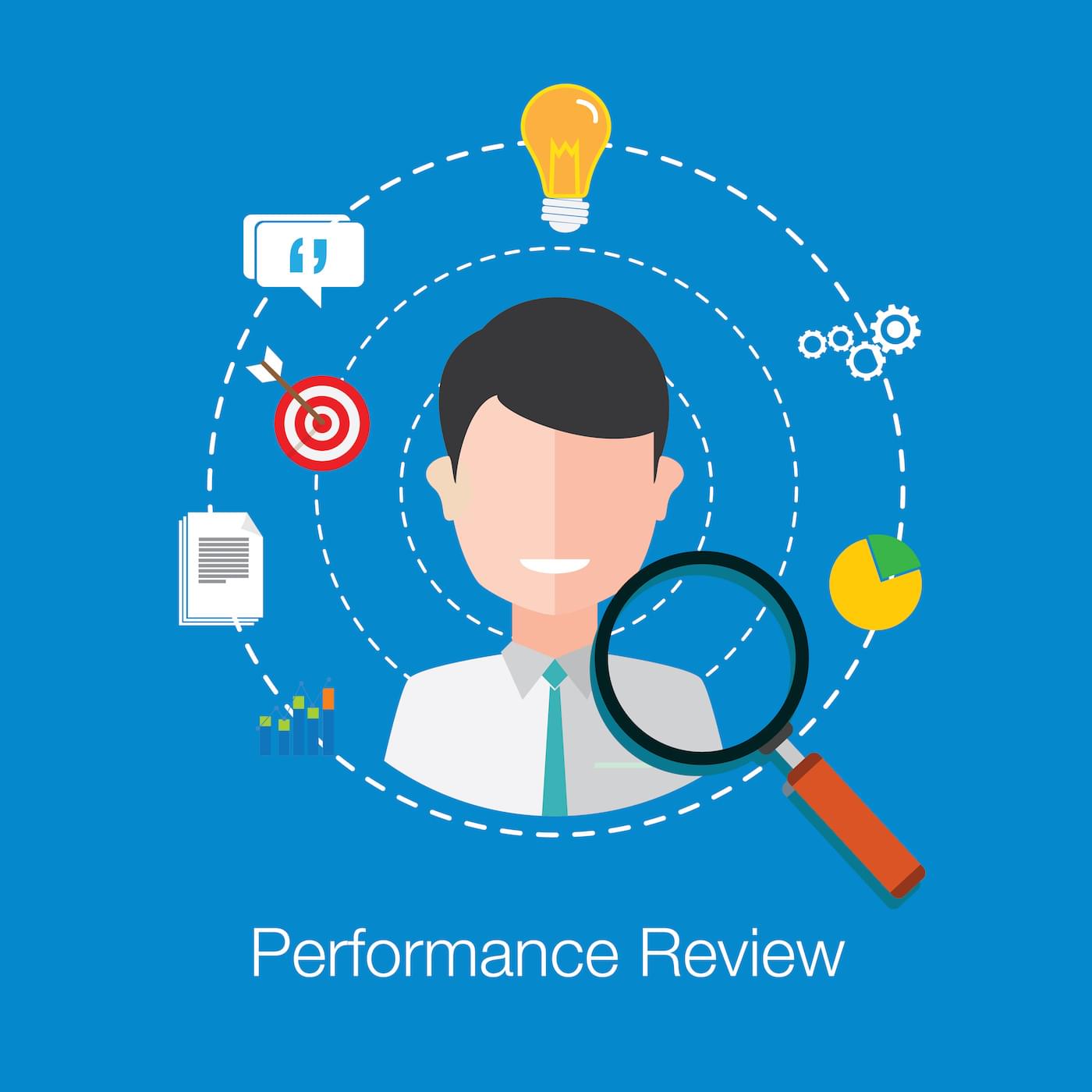 A graphic with an employee and the text Performance Review
