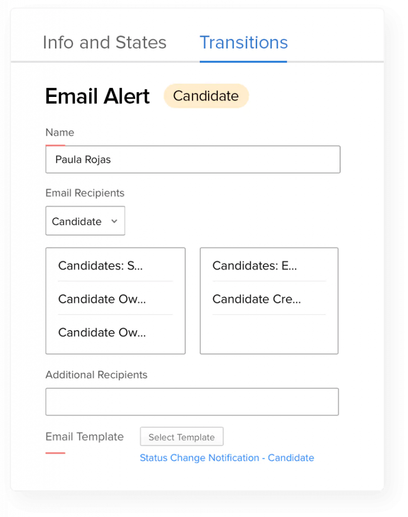 Zoho Recruit displays options for a candidate's automated email notification.