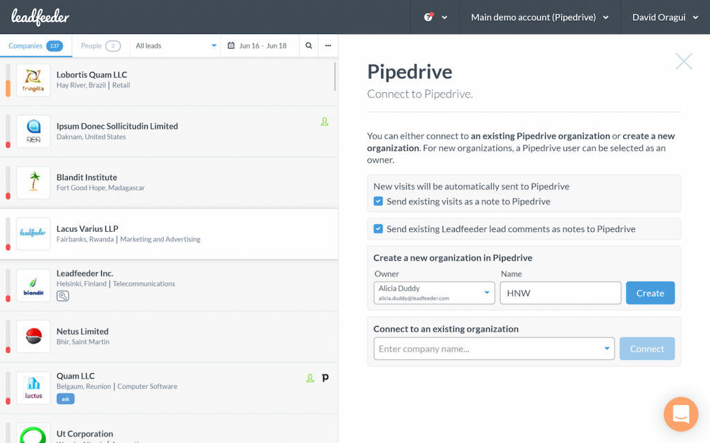 The Pipedrive dashboard.