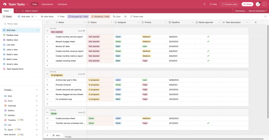 A look at Airtable's grid view, with tasks grouped up by status.