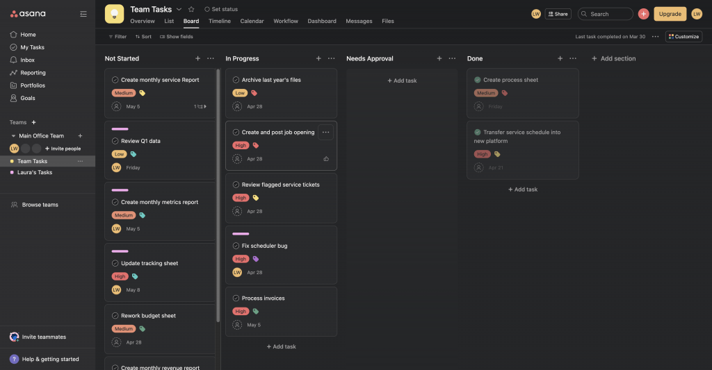 A look at Asana's kanban view, with records divided by group/status