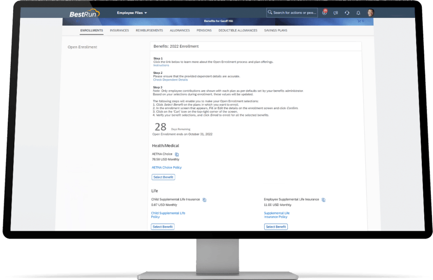 Screenshot of SAP's self-service benefits selection portal.