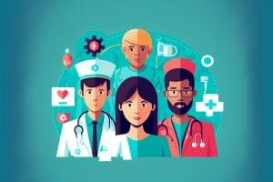 illustrations of healthcare professionals and crm software.