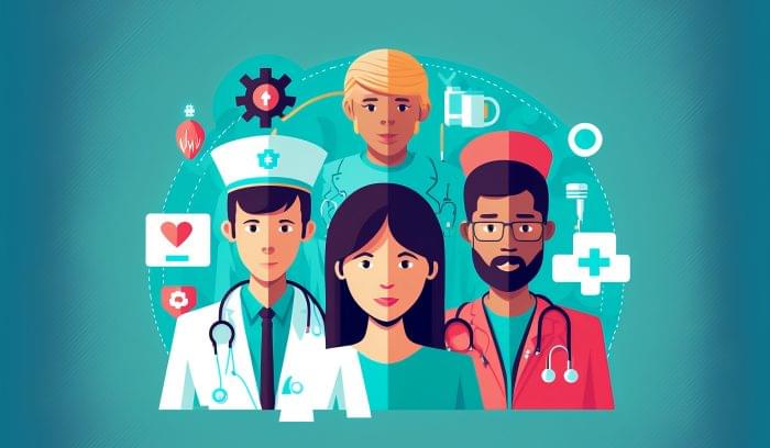 illustrations of healthcare professionals and crm software.