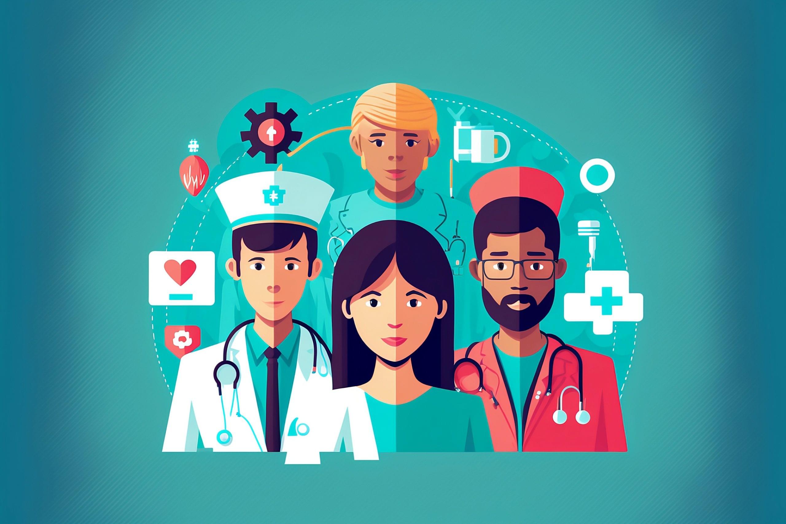 illustrations of healthcare professionals and crm software.