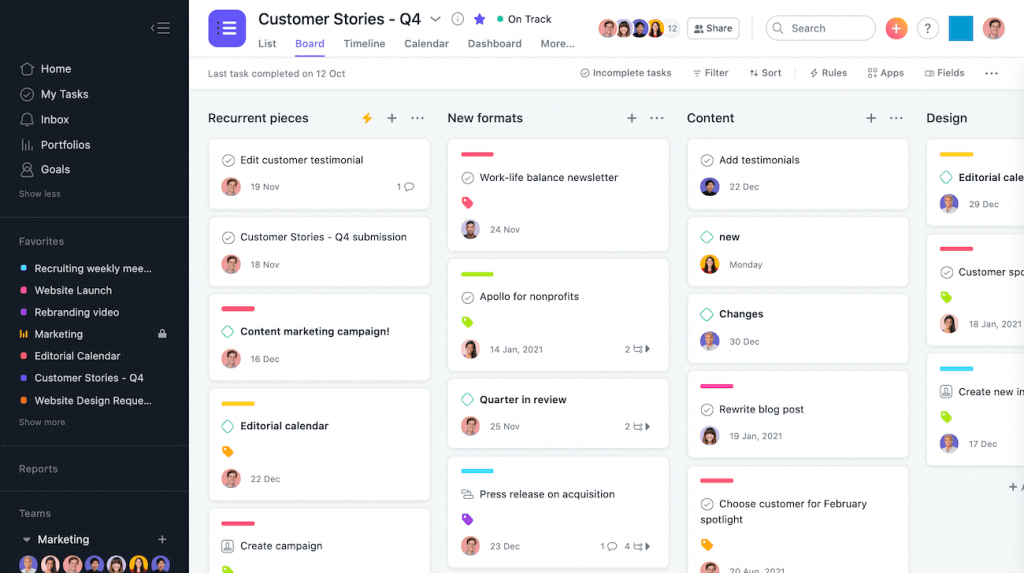 Screenshot of Asana’s board view displaying a Customer Stories tasks for Q4, where tasks were grouped according to their types.