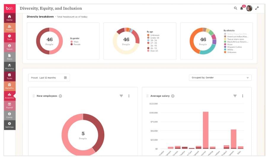 Bob's DEI dashboard displays multiple pie charts and bar graphs to visualize DEI analytics.