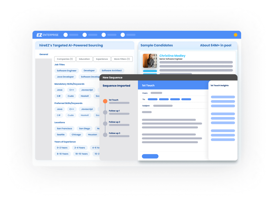 HireEZ dashboard enables automated candidate follow-up email sequences.