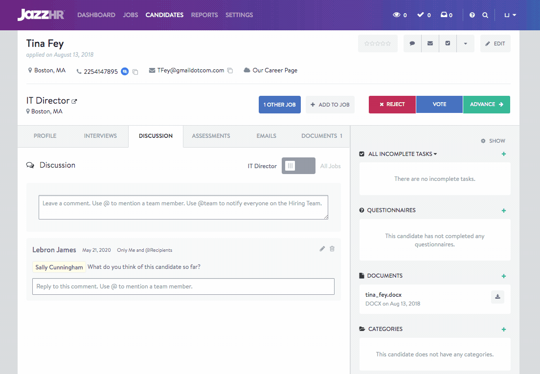 The discussion tab on JazzHR's candidate profile displays a conversation between two hiring team members who are conducting an interview with a candidate.