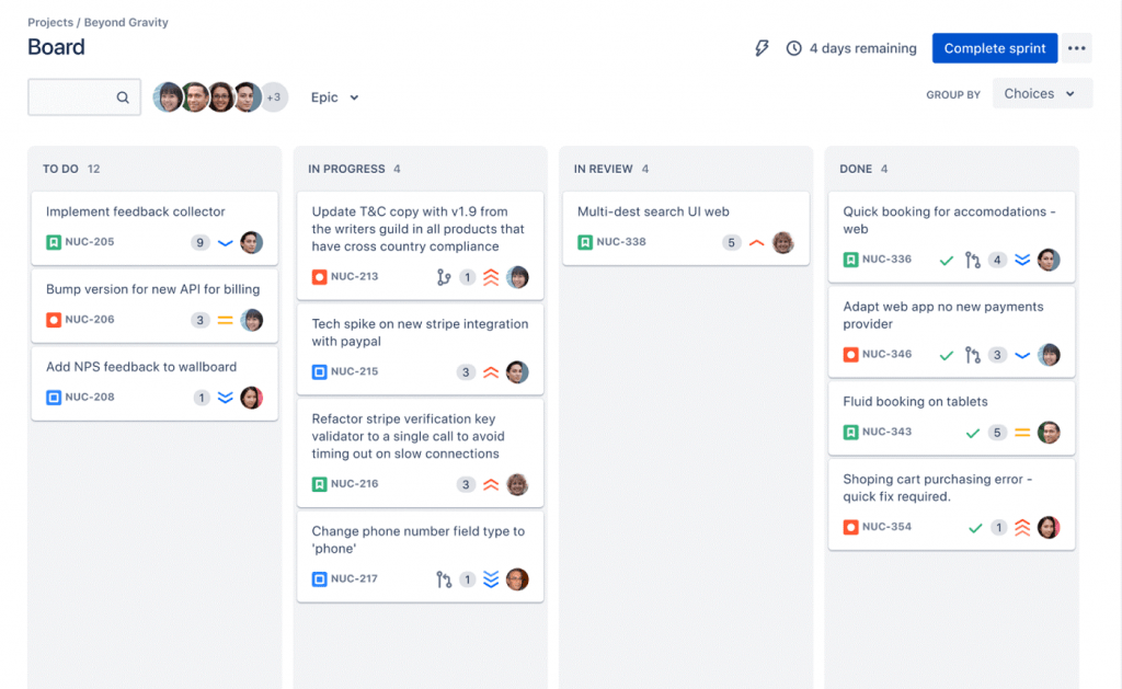 A screenshot of Jira’s board view where tasks are organized into columns representing different stages of the workflow, such as To Do, In Progress, In Review, and Done.