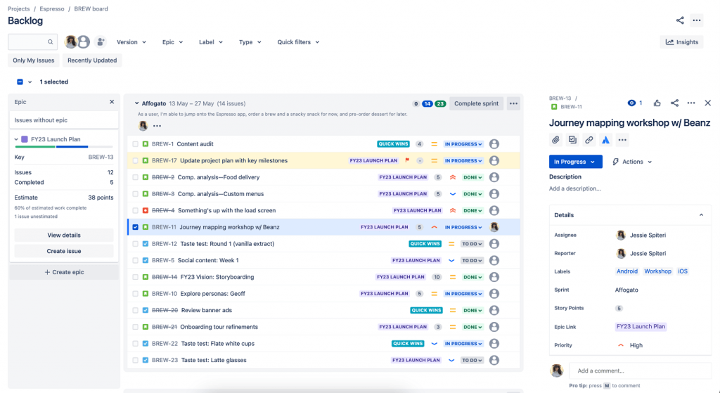An image of Jira’s list view of issues with each row representing a specific task, and columns displaying critical information such as issue key, status, and assignees.