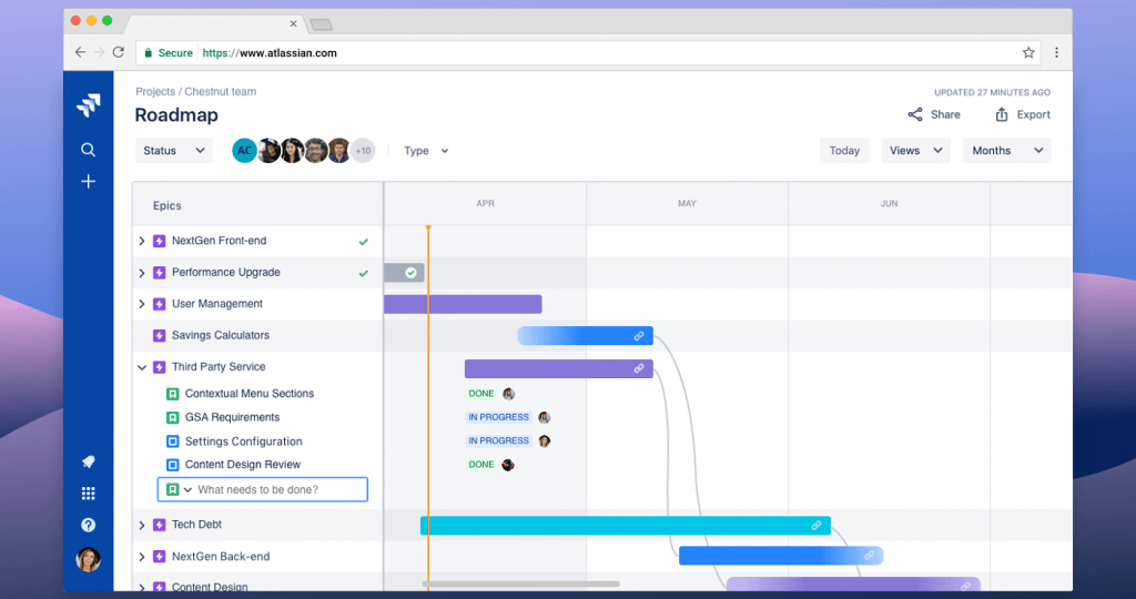 A screenshot of Jira's roadmap in timeline view shows a list of epics or tasks on the left-hand side, and the right side shows a detailed view of selected tasks' statuses, assignees, and dependencies.