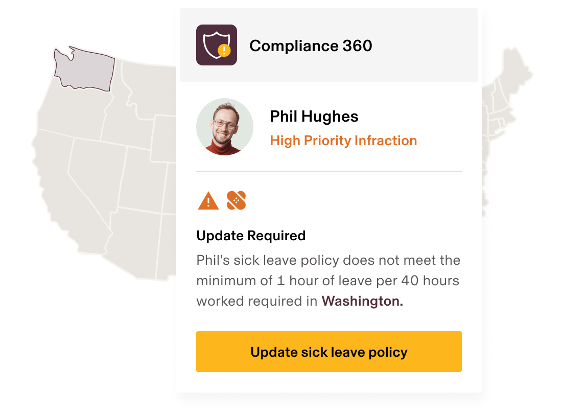 Rippling's Compliance 360 feature displays an alert that an employee's sick leave policy doesn't meet Washington state's minimum requirements.