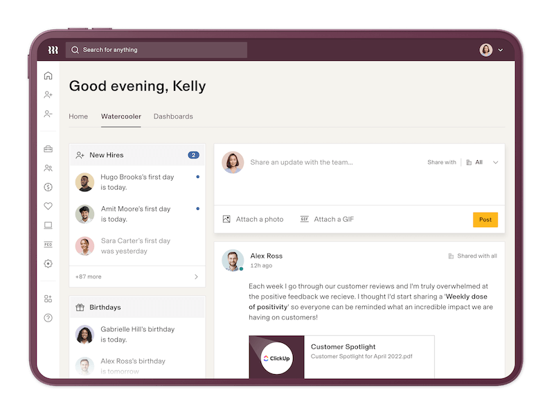 The Watercooler dashboard in Rippling Unity gives a user named Kelly an overview of recent new hires, upcoming birthdays, and recent discussion posts.
