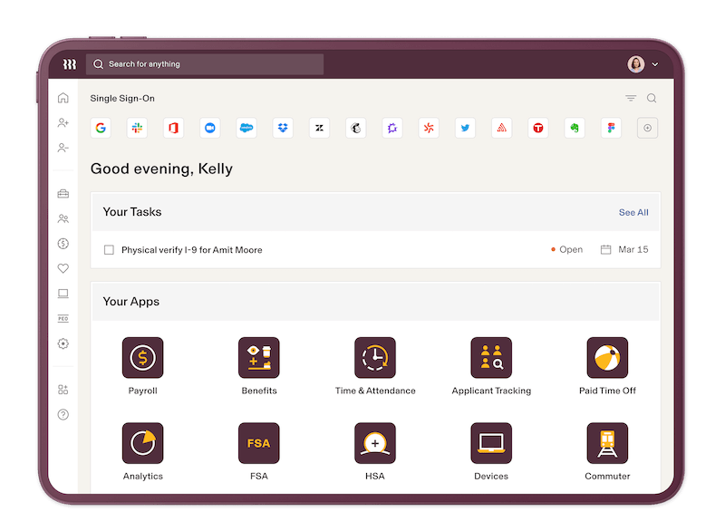 Rippling Unity's home screen displays Rippling apps like payroll, benefits, and applicant tracking; outstanding tasks for an employee named Kelly; and external single sign-on apps like Google, Slack, Microsoft, Zoom, and Salesforce.
