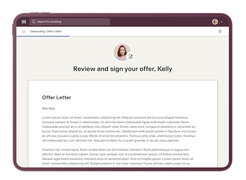 An offer letter in Rippling's onboarding module is ready for a candidate named Kelly to review and sign.