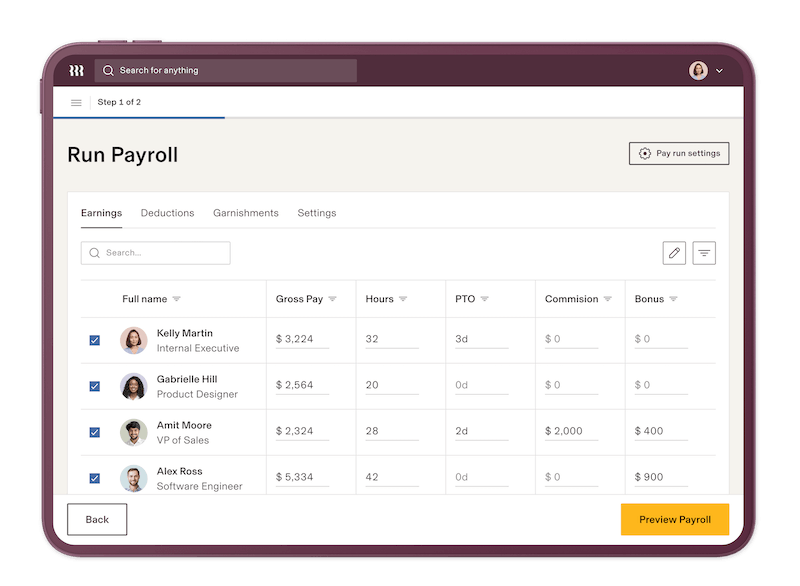 Earnings dashboard in Rippling's payroll module displays all employees and their gross pay, hours worked, PTO, commission, and bonuses.