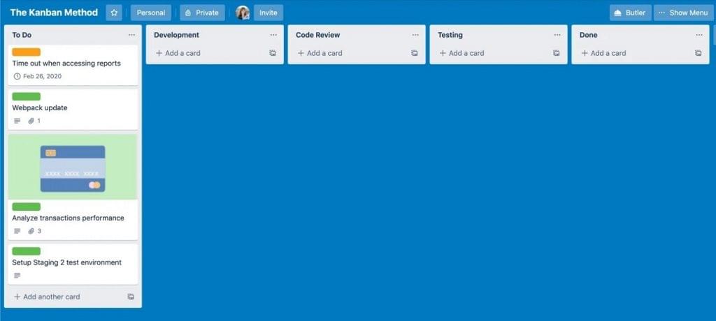 Trello's interface has a user-friendly, organized layout with colorful tags and clear, readable text on each card.