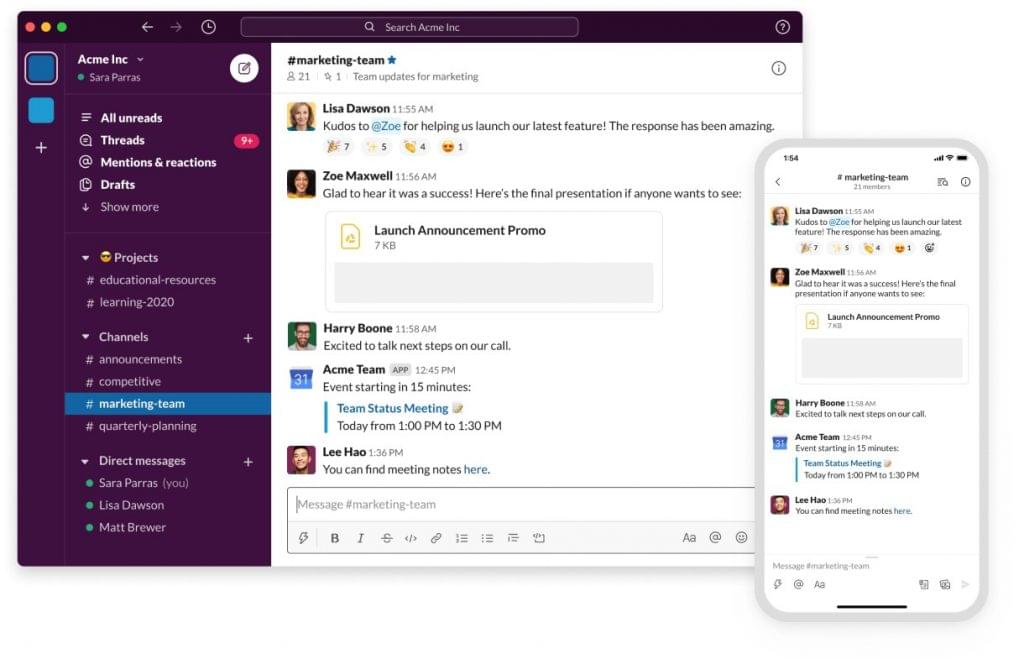 Slack's interface on both a computer screen and a mobile device demonstrates its robust integration and consistent design across platforms.
