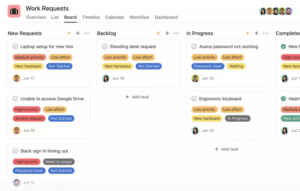 Screenshot of an Asana Kanban board displaying multiple columns for work requests, including 'Backlog,' 'In Progress,' and 'Completed,' with various tasks organized as cards under each column.