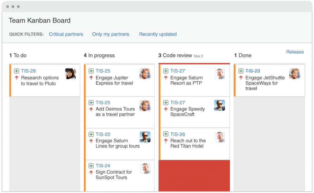 Screenshot of a Jira Kanban board showing a WIP limit exceeded under Code review.