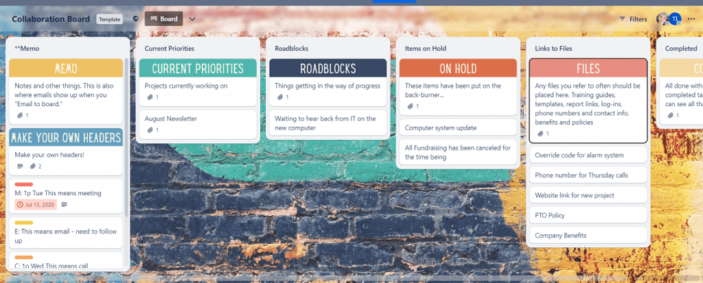 Screenshot of Trello's collaboration template with columns for task stages, designed to facilitate an effective Kanban system by enabling clear collaboration and team assignments.