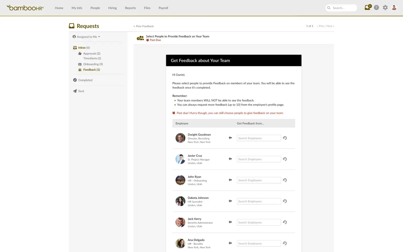 The BambooHR platform shows a list of employees you can collect feedback from.