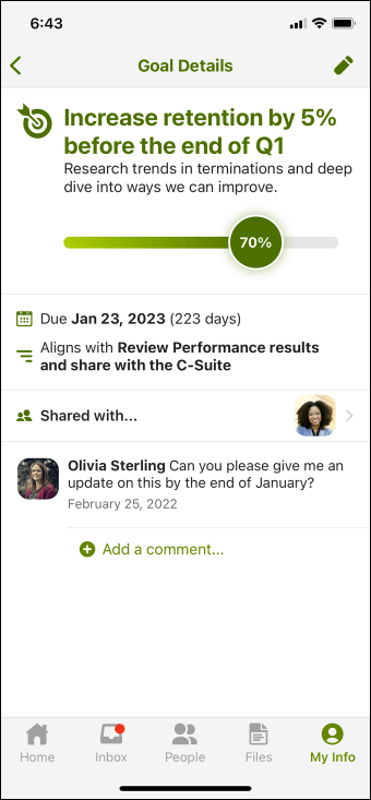 The BambooHR mobile app displays an employee's percent progress on completing their goal.