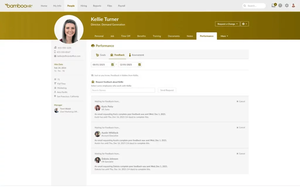 The BambooHR platform shows an employee's performance management homepage with notifications that they are still awaiting feedback from their peers.
