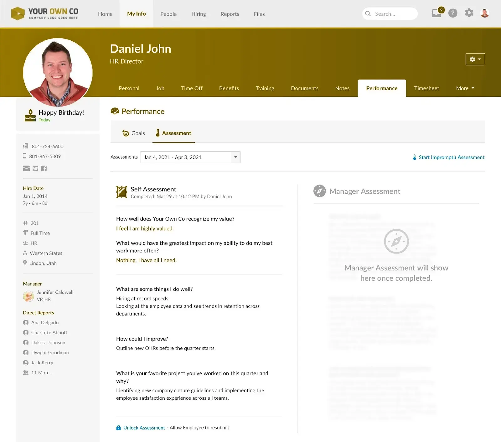 The BambooHR platform shows an employee's answers to their self-evaluation questions.