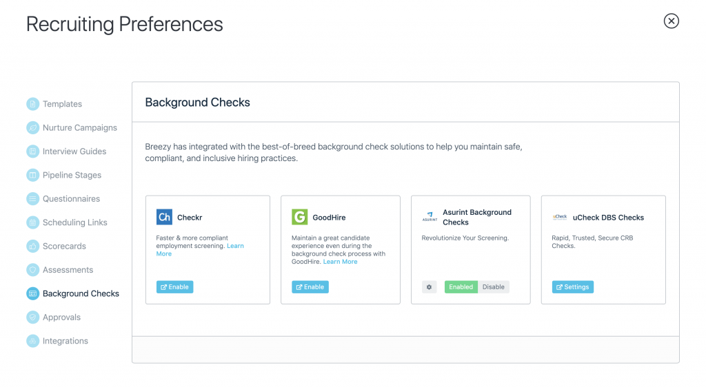The Breezy HR platform shows a user upgrading recruiting preferences, specifically enabling integration with a third-party background check service.