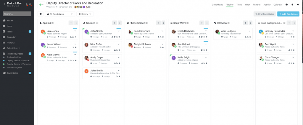 The Breezy HR platform shows a grid with names of the candidates in each stage of the hiring pipeline, such as applied, sourced, phone screen, interview, and background check.