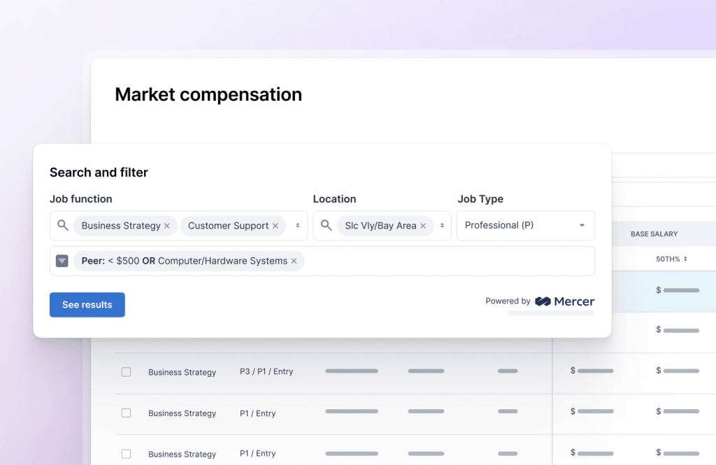 The Lattice platform shows a search and filter by job location and role function to conduct market comparison.