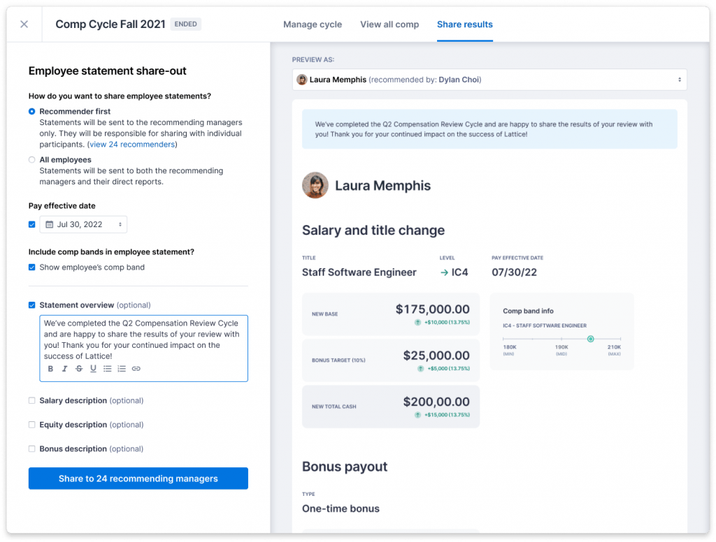 The Lattice platform shows the results of a compensation review cycle, like salary and tile changes.