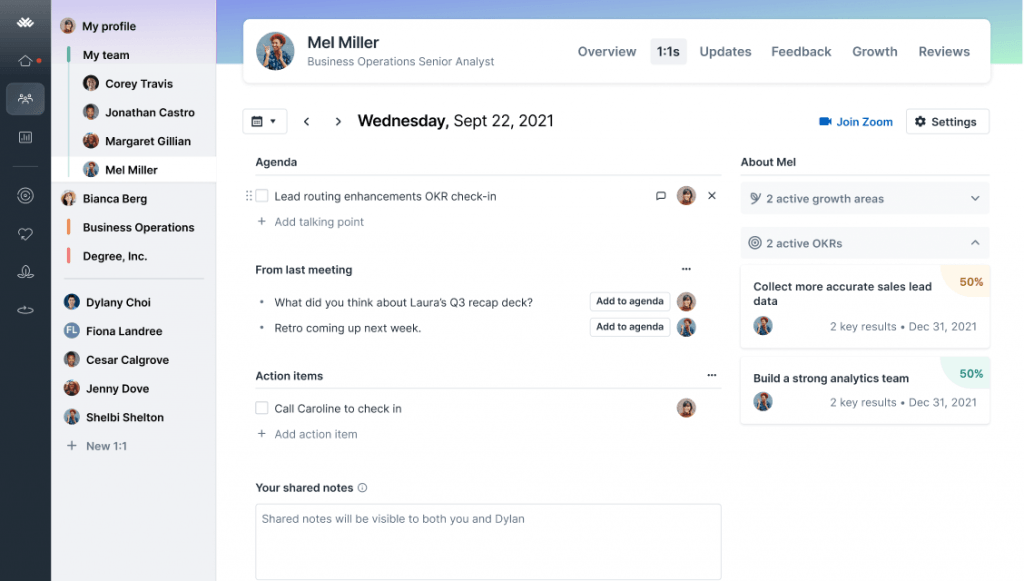 The Lattice platform shows a manager's view of their direct report's daily objectives, including agenda, meeting notes, goals, and action items.